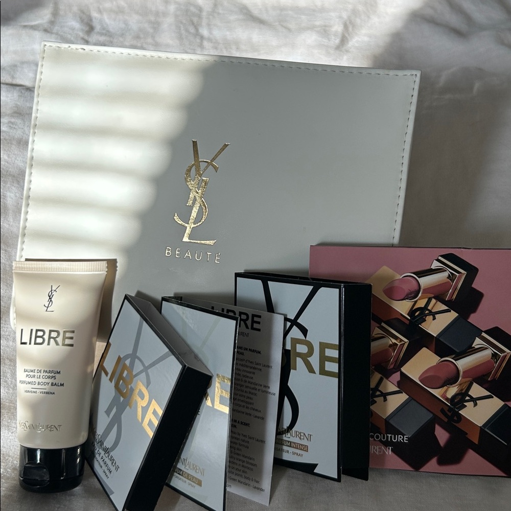 YSL Beaute White makeup bag libre perfume samples lotion full size